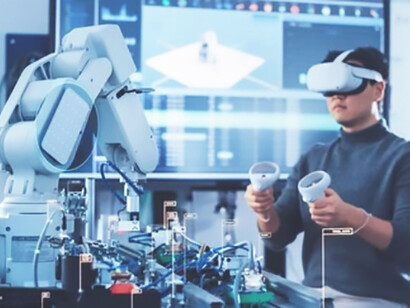 A science engineer in a virtual reality headset uses controllers to operate a robot arm, showcasing China's technological landscape and advancements in AI and innovative technologies