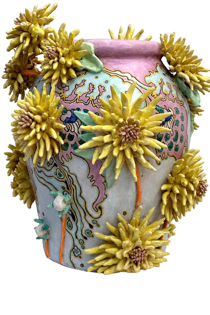 Fons van Laar, Vase dahlia, yellow (plateel), 2024. Courtesy of Rebecca Hossack Art Gallery
