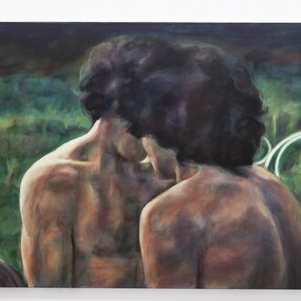 Iva Lulashi, E ferro e fiatio, 2023 oil on canvas. 31,5H x 47w in 80hx120w cm. Courtesy of the artist, Alberta Pane Gallery and Prometeo Gallery