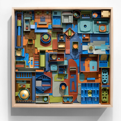 Quisqueya Henriquez, Note to Self, 2021, automotive paint, cardboard, wood and plexiglass, 50x50 inches. Courtesy of the artist and David Castillo