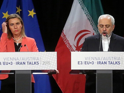 A press conference in Vienna, Austria, on July 13, 2015, where the P5+1 and Iran read the final statement, officially announcing the completion of the Joint Comprehensive Plan of Action (JCPOA) nuclear agreement