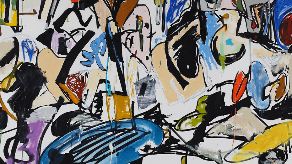 Eddie Martinez, Restartation 
2015 
Oil, enamel, silkscreen ink and spray paint on canvas 
72 by 108 in. 182.9 by 274.3 cm. 
Courtesy of the artist and Mitchell-Innes & Nash, NY 
