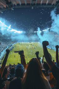 A football stadium full of people cheering and celebrating, reflecting the global passion of football 