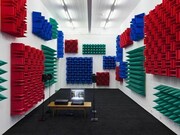 Haroon Mirza , Digital Switchover, 2012, Installation View, Kunst Halle Sankt Gallen, St.Gallen, 2012, 1 x control box, 4 x active speakers, 1 x relay, 1 x DVD player, 1 x TFT monitor, LEDs, foam. Courtesy the artist and Kunst Halle Sankt Gallen, Photo Gunnar Meier, © Haroon Mirza