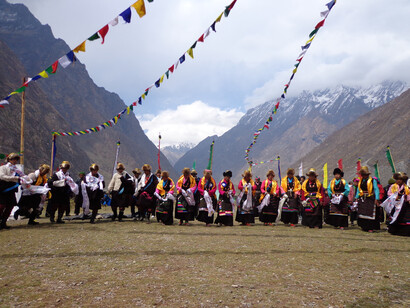 Tsumba people performing cultural dances in Shyagya festival, Upper Tsum community conserved area (Nepal) © Madhu Chhetry