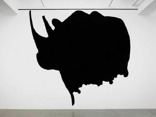 Dwarf and Rhinoceros (With large black shape), 1989/2013 (Detail), archival inkjet prints mounted on lexam with inset aluminum frame, latex paint, archival inkjet print mounted on plexiglas, cdimensions variable