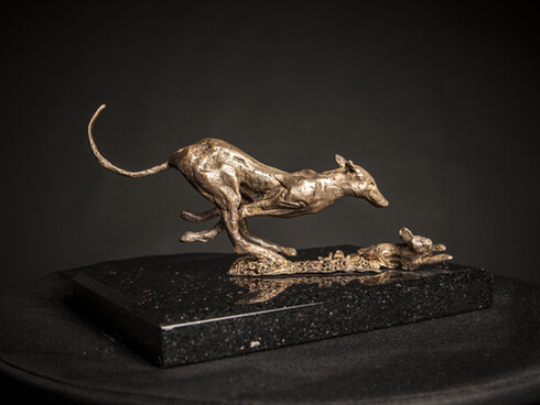 Mim Scala, Coursing Hound, 2014, Bronze on black Kilkenny marble base, 6 ½ x 10 x 7 in / 16 x 26 x 17 cm, Edition of 10, courtesy of Eleven, London