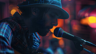 U cantautore canta una canzone davanti al microfono
