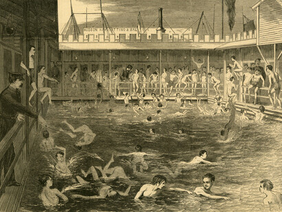 Unidentified artist, Interior of swimming bath, 1870. Courtesy of New-York Historical Society Gallery and Patricia D. Klingenstein Library