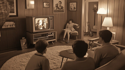 A family gathered around an old TV, capturing the nostalgic spirit of the 1990s