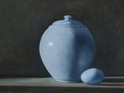James Gillick, Chinese Crackle-Glazed Vase & Blue Egg, Signed, Oil on linen over panel, 8.86 x 13.88ins (22.5 x 35.2cm) © James Gillick
