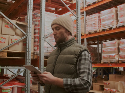 In a dynamic storage facility, the team member leverages a tablet to connect information systems with business processes, ensuring seamless communication across the supply chain