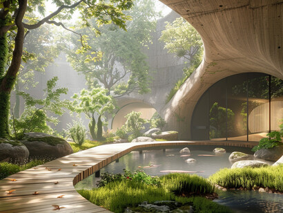 Immagine generata da Midjourney che illustra la fusione di futurismo e architettura organica