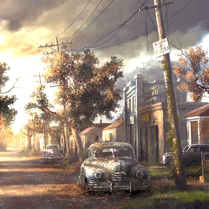 An abandoned futuristic city, with decaying buildings and vehicles, revealing the ruins of an advanced civilization and the interior of a deteriorating megastructure