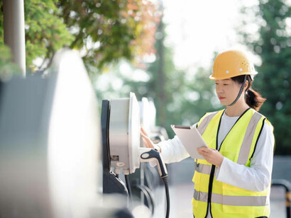 An Asian technician working at an electric vehicle charging station
