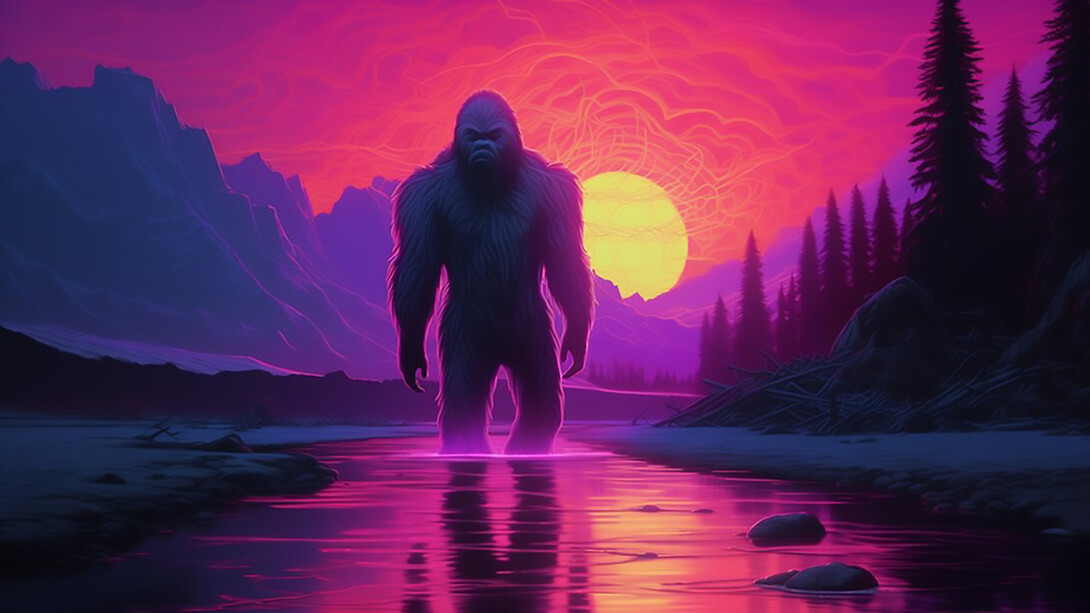 Neon glow representation of Bigfoot, capturing the mystery and allure of the legendary cryptid