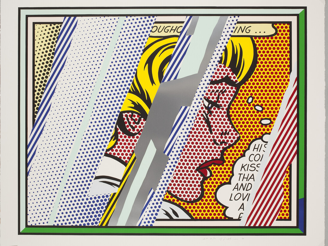 Roy Lichtenstein (1923-1997), Reflections on Girl, 1990, Lithograph, screenprint, relief, and metalized PVC collage with embossing on mold-made Somerset paper, 114.6 x 139.1 cm, Artist Rooms National Galleries of Scotland and Tate. Lent by The Roy Lichtenstein Foundation Collection 2015 © Estate of Roy Lichtenstein/DACS 2015

