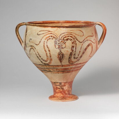 Late Helladic IIIB, Date:ca. 13th century B.C.
Culture:Mycenaean, Medium:Terracotta
Dimensions:H. 12 in. (30.5 cm.)
Max. Diam. 11 7/8 in. (30.2 cm.), Classification:Vases. Rogers Fund, 1906