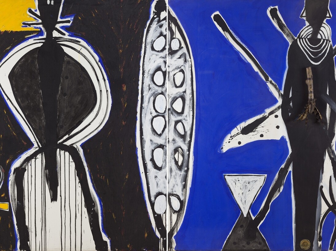 Ouattara Watts, The Woman Of Magic Power, diptych, mixed media on canvas, 180 x 442cm, Courtesy Galerie Boulakia  