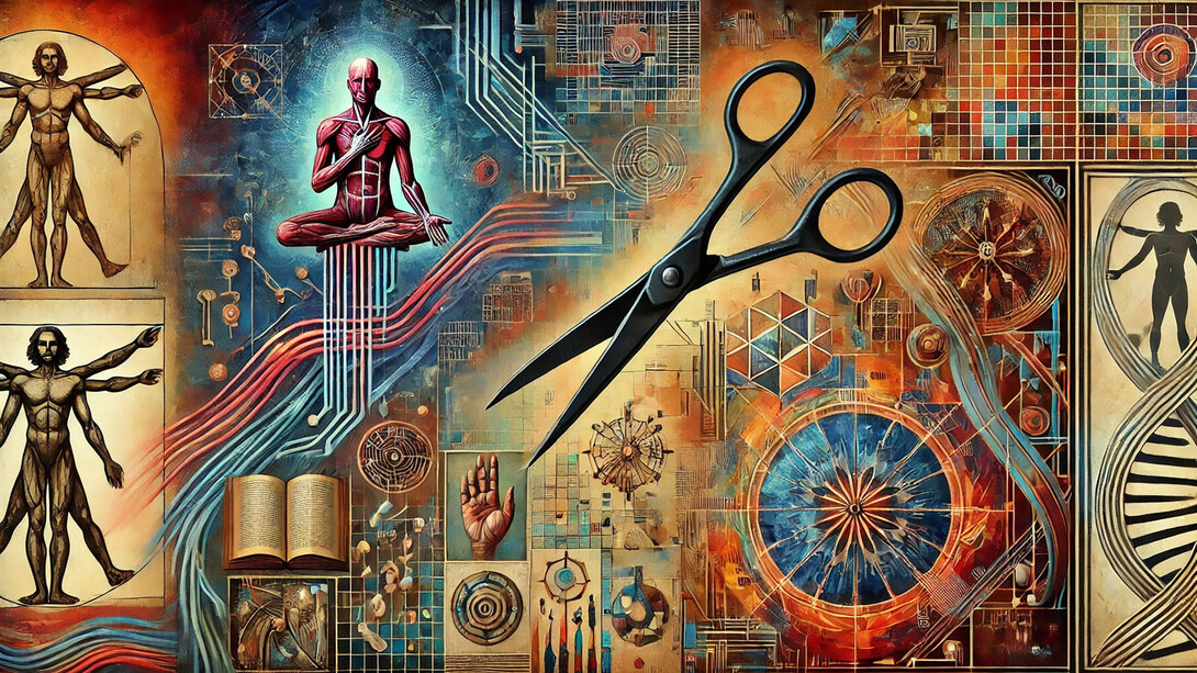 An abstract representation of how modern precision and algorithms reshape and potentially amputate the richness of diverse knowledge systems