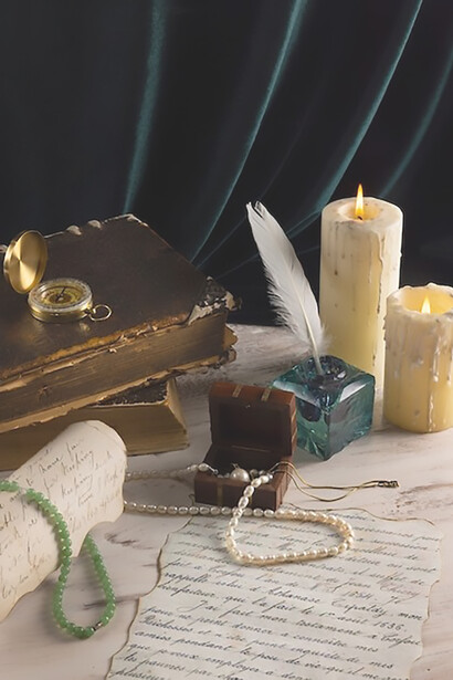 A meticulously arranged exhibit presents pirate artifacts on an antique table, featuring letters, combat-ready equipment, and vintage pearl necklaces