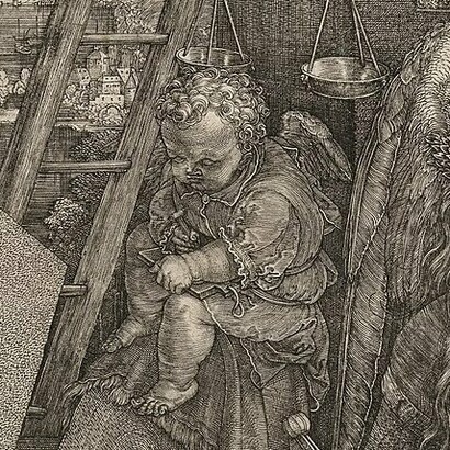Albrecht Dürer, Melancolia I, 1514, dettaglio  "del il Vangelo nella mole di pietra" su cui sta seduto il bambino