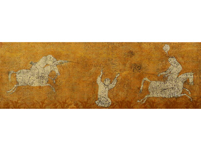 Ali Dadgar The Pull, 2013, mixed media silk screen and acrylic paint on wood, 32x96 inches. Courtesy of the artist and Advocartsy Gallery