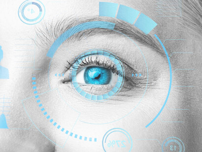 Close-up of a woman’s eye with smart contact lens technology, symbolizing advanced facial recognition, AI surveillance, and biometric security