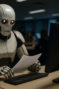 A humanoid robot quietly types at a desk, symbolizing the silent rise of artificial intelligence in creative industries—where efficiency often replaces emotion
