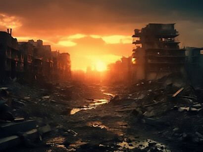 The devastation in the war zone exemplifies the destructive impact of conflict