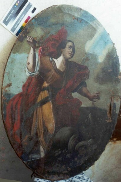 Ignoto,_ Margherita di Antiochia_, max cm 110 x 82, Complesso Conventuale dei Cappuccini, Tricase, (LE). Fase di pulitura critica.  