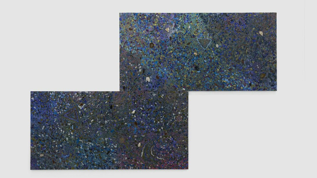 Alteronce Gumby, Starry Night, 2024, gemstones, glass, and acrylic on panel, 96 x 150 inches. Courtesy of the artist and Parrasch Heijnen