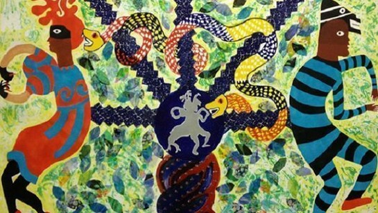 Miriam Schapiro, "Adam and Eve," 1990, Silk Screen and Collage, 44 ¼ x 30 ¼ inches