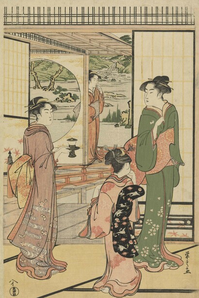 Beautiful Women at a yashiki (Yashiki ni tetsu bijin), Ukiyo-e woodblock print, By Chobunsai Eishi (1756-1829), c. 1795-1800, Japan, Edo period (1615-1868), © Trustees of the Chester Beatty Library, Dublin