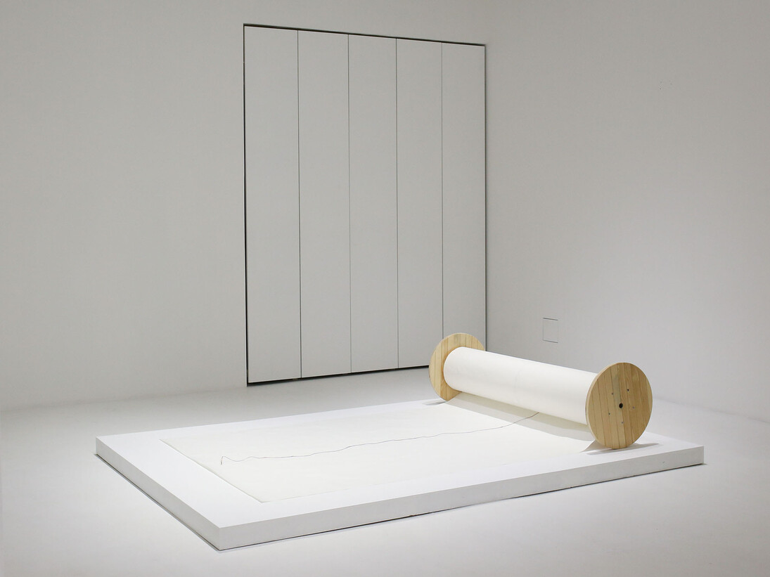 Qin Yufen, b.1954, Extension, 2014, Xuan paper, electrical wire, wooden axle, 160 x 50 x 50 cm (63 x 19 ¾ x 19 ¾ in