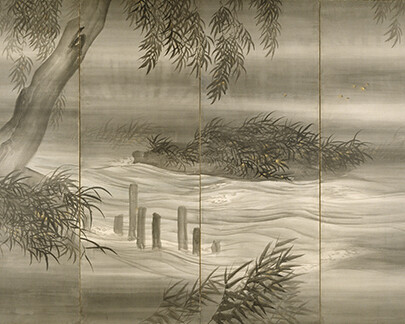 One of a pair of six-fold screens: ink with slight color and gold paint on paper, 68 x 148 1/2 inches. Purchase: William Rockhill Nelson Trust, 74-12/2.