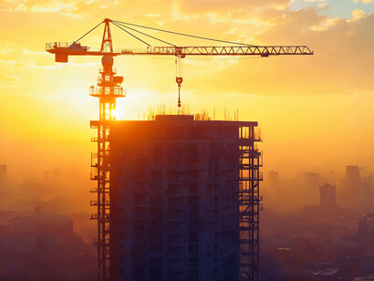 Crane extending across a construction site, reflecting the process of building in harmony with terrain conditions