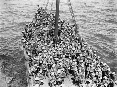 Soldiers of the Lancashire Fusiliers, 29th Division, are seen on board an old Royal Navy battleship used in the third phase of operations in the Dardanelles Straits before they disembarked at 'W' and 'V' beaches off Cape Helles on 5 May 1915, © IWM