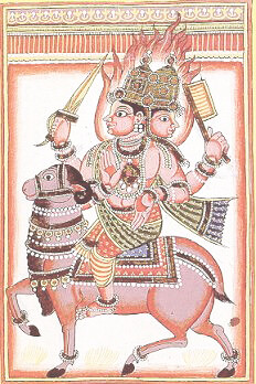 Agni, god of fire, shown riding a goat