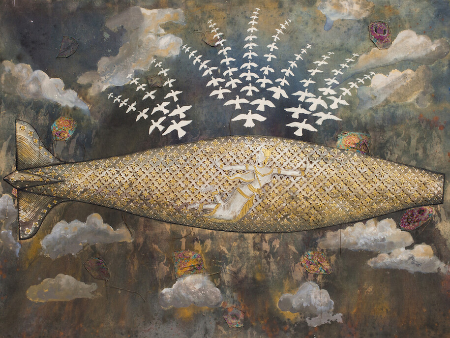 Leang Seckon, Celebrating Bomb God, 2015 mixed media on canvas , 59 x 78.7 inches/150 x 200 cm 
Photo courtesy of Sundaram Tagore Gallery
