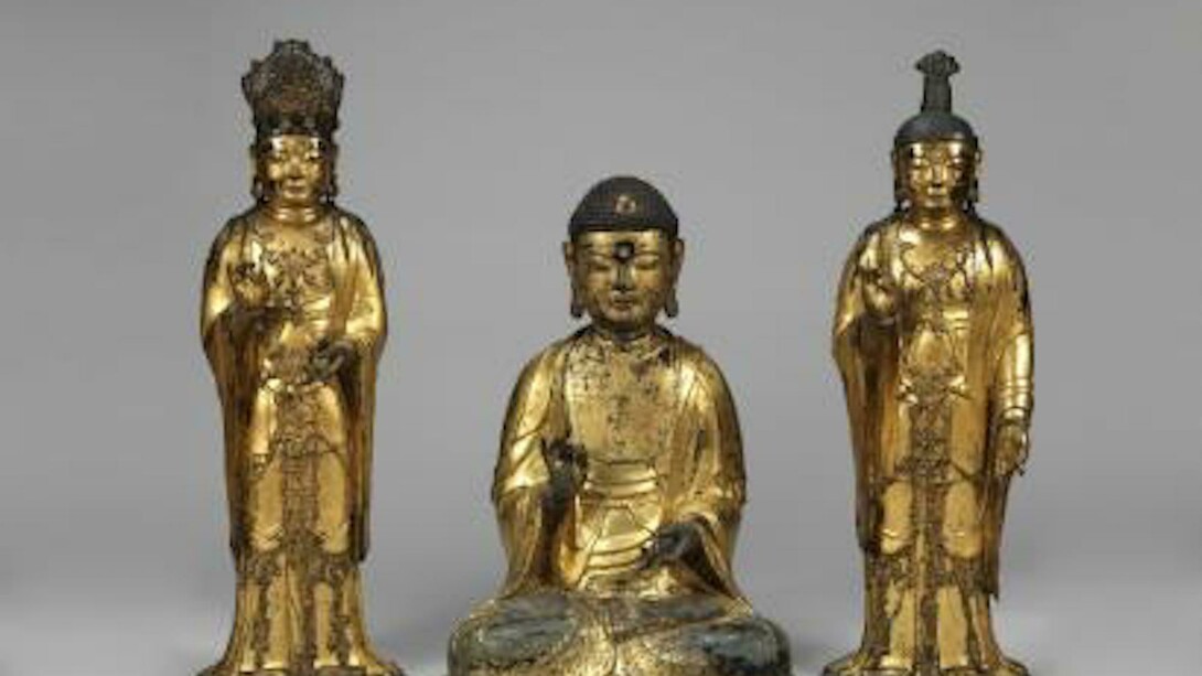 Amitabha triad , Korea, Goryeo dynasty (918–1392), dated 1333 , Gilt bronze. a) Buddha: 27 3/16 in. (69.1 cm) . b) Attendant bodhisattva, right: 34 1/4 in. (87 cm). c) Attendant bodhisattva, left: 34 1/4 in. (87 cm)