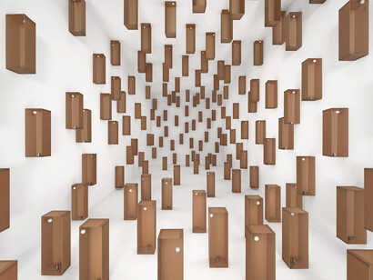 157 prepared dc-motors, cotton balls, cardboard boxes 60x20x20cm Zimoun 2014. Motors, cardboard, wood, metal, cotton, pvc, power supply. Dimensions: 12m x 4m x 4m. Installation view: private collection. Photography by Zimoun ©