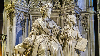 Sculptures at Hautecombe Abbey Church, Saint-Pierre-de-Curtille, Department of Savoy, Region of Auvergne-Rhône-Alpes (former Rhône-Alpes), France