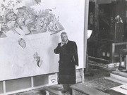 Stanley Spencer with 'Christ Preaching at Cookham Regatta', in Holy Trinity Church 1958. © Stanley Spencer Gallery Archive