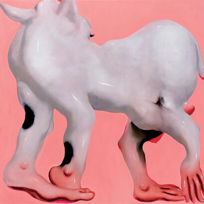 Ambera Wellmann, Chien tête en bas, 2018, huile et acrylique sur toile. Collection François R. Roy. Photo Galerie Projet Pangée