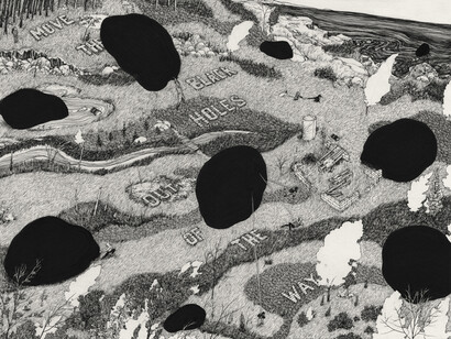 Pat Perry, Move The Black Holes, 2013 inchiostro su carta. Courtesy of Dorothy Circus Gallery