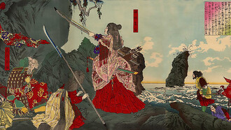 "Great Japan (Dai-Nihon) History Briefing Session, the 15th Empress Jingu." Expedition in Korea. The legendary Empress Jingu setting foot in Korea. Painting by Tsukioka Yoshitoshi in 1880. Takenouchi no Sukune (left side), Empress Jingu (middle), Waseda University Theatre Museum, Tokyo, Japan
