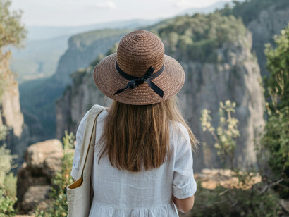 Smiling woman enjoying a peaceful mountain retreat while standing at the top of a canyon   