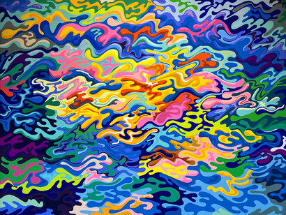 Mike Perry, Interpenetrating Splashes,
2024.
Gouache on Canvas,
72 x 96 x 4 in. (182.88 x 243.84 x 10.16 cm). Courtesy of the artist and Richard Taittinger Gallery