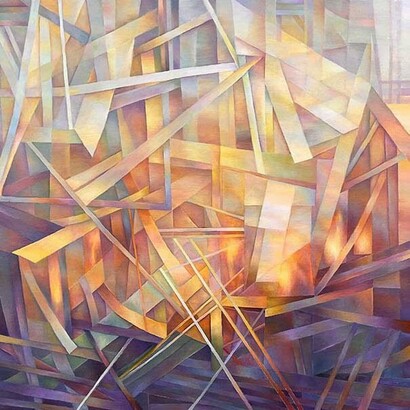 Nancy Newman Rice, Fire Remains,
oil on canvas on panel,
24" x 24",
2023. Courtesy of the artist and Duane Reed Gallery